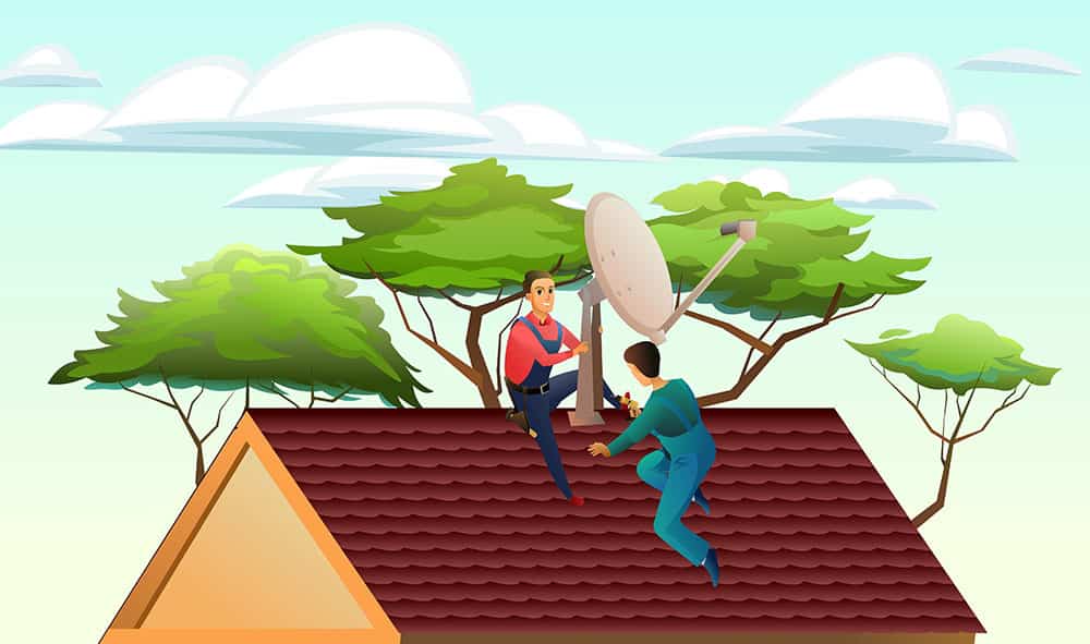 Workers installing a dish on the roof